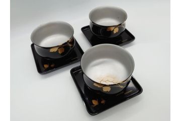 蒔絵　木製　内銀塗　漆　松牡丹文　凛とした気品漂う杯洗3客セット(盃洗、椀、お盆、和食器)(R-062077)