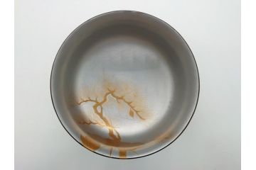 蒔絵　木製　内銀塗　漆　松牡丹文　凛とした気品漂う杯洗3客セット(盃洗、椀、お盆、和食器)(R-062077)