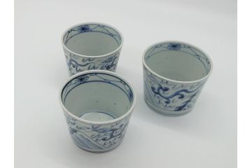 古民具・骨董　江戸後期　染付　雲龍図　蕎麦猪口3客セット(和食器)(R-062078)