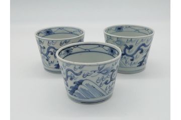 古民具・骨董　江戸後期　染付　雲龍図　蕎麦猪口3客セット(和食器)(R-062078)
