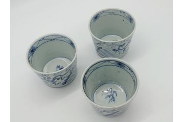 古民具・骨董　江戸後期　染付　雲龍図　蕎麦猪口3客セット(和食器)(R-062078)