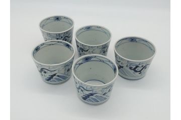 古民具・骨董　江戸後期　染付　雲龍図　蕎麦猪口5客セット(和食器)(R-062079)