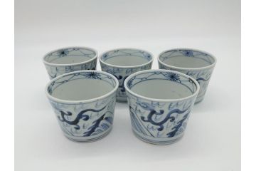 古民具・骨董　江戸後期　染付　雲龍図　蕎麦猪口5客セット(和食器)(R-062079)
