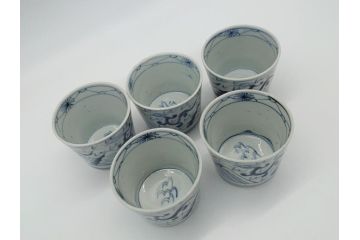 古民具・骨董　江戸後期　染付　雲龍図　蕎麦猪口5客セット(和食器)(R-062079)