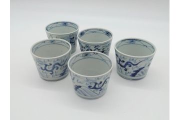 古民具・骨董　江戸後期　染付　雲龍図　蕎麦猪口5客セット(和食器)(R-062080)