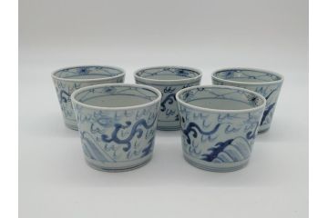 古民具・骨董　江戸後期　染付　雲龍図　蕎麦猪口5客セット(和食器)(R-062080)