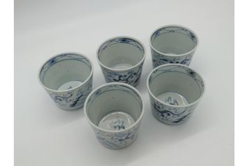 古民具・骨董　江戸後期　染付　雲龍図　蕎麦猪口5客セット(和食器)(R-062080)