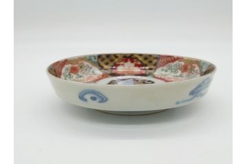 幕末〜明治期　伊万里焼　金襴手　色絵　染付　花桃文　5.4寸皿　約16.5cm　煌びやかで豪華な絵付けの深皿3枚セット(五寸四分、中皿、和食器、和皿)(R-062091)