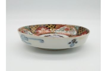 幕末〜明治期　伊万里焼　金襴手　色絵　染付　花桃文　5.4寸皿　約16.5cm　煌びやかで豪華な絵付けの深皿3枚セット(五寸四分、中皿、和食器、和皿)(R-062091)