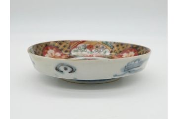 幕末〜明治期　伊万里焼　金襴手　色絵　染付　花桃文　5.4寸皿　約16.5cm　煌びやかで豪華な絵付けの深皿3枚セット(五寸四分、中皿、和食器、和皿)(R-062091)