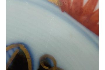 幕末〜明治期　伊万里焼　金襴手　色絵　染付　花桃文　5.4寸皿　約16.5cm　煌びやかで豪華な絵付けの深皿3枚セット(五寸四分、中皿、和食器、和皿)(R-062091)