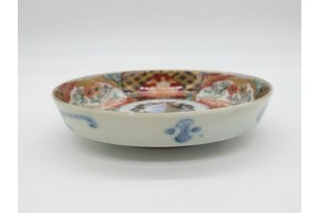 幕末〜明治期　伊万里焼　金襴手　色絵　染付　花桃文　5.4寸皿　約16.5cm　煌びやかで豪華な絵付けの深皿3枚セット(五寸四分、中皿、和食器、和皿)(R-062092)