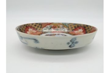 幕末〜明治期　伊万里焼　金襴手　色絵　染付　花桃文　5.4寸皿　約16.5cm　煌びやかで豪華な絵付けの深皿3枚セット(五寸四分、中皿、和食器、和皿)(R-062092)