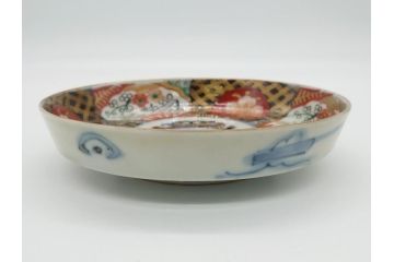 幕末〜明治期　伊万里焼　金襴手　色絵　染付　花桃文　5.4寸皿　約16.5cm　煌びやかで豪華な絵付けの深皿3枚セット(五寸四分、中皿、和食器、和皿)(R-062092)