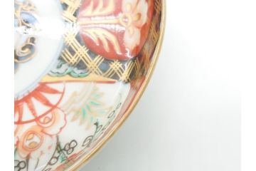 幕末〜明治期　伊万里焼　金襴手　色絵　染付　花桃文　5.4寸皿　約16.5cm　煌びやかで豪華な絵付けの深皿3枚セット(五寸四分、中皿、和食器、和皿)(R-062092)