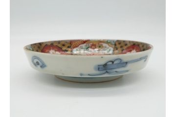 幕末〜明治期　伊万里焼　金襴手　色絵　染付　花桃文　5.4寸皿　約16.5cm　煌びやかで豪華な絵付けの深皿3枚セット(五寸四分、中皿、和食器、和皿)(R-062093)