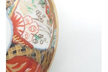幕末〜明治期　伊万里焼　金襴手　色絵　染付　花桃文　5.4寸皿　約16.5cm　煌びやかで豪華な絵付けの深皿3枚セット(五寸四分、中皿、和食器、和皿)(R-062093)