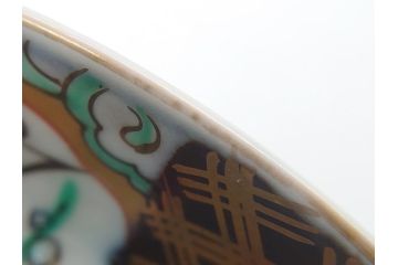 幕末〜明治期　伊万里焼　金襴手　色絵　染付　花桃文　5.4寸皿　約16.5cm　煌びやかで豪華な絵付けの深皿3枚セット(五寸四分、中皿、和食器、和皿)(R-062093)