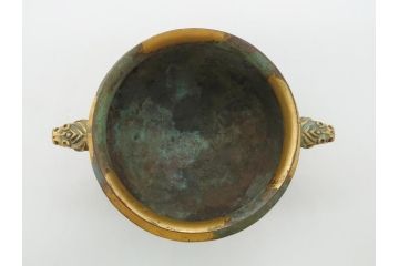 昭和中期　鋳金家　四世　秦蔵六作　嘉禮龍紋敦式　塗金銅香炉(共箱付き、香爐、三つ脚、仏具)(R-062097)