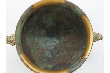 昭和中期　鋳金家　四世　秦蔵六作　嘉禮龍紋敦式　塗金銅香炉(共箱付き、香爐、三つ脚、仏具)(R-062097)