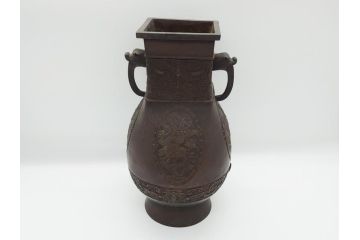 古玩　古銅　龍と梅の図　双耳　経年変化による味わいをお楽しみいただける壺(壷、花器、花瓶、中国?)(R-062100)