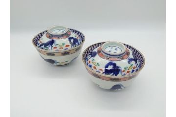 江戸期　大明萬暦年製　古伊万里　色絵　染付　稀少図柄　馬　3.8寸　約11.5cm　生き生きとした馬の絵付けが魅力の蓋付き茶碗2客セット(和食器、三寸八分)(R-062101)