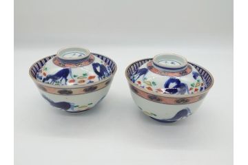 江戸期　大明萬暦年製　古伊万里　色絵　染付　稀少図柄　馬　3.8寸　約11.5cm　生き生きとした馬の絵付けが魅力の蓋付き茶碗2客セット(和食器、三寸八分)(R-062101)