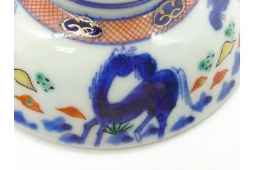 江戸期　大明萬暦年製　古伊万里　色絵　染付　稀少図柄　馬　3.8寸　約11.5cm　生き生きとした馬の絵付けが魅力の蓋付き茶碗2客セット(和食器、三寸八分)(R-062101)