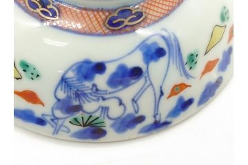 江戸期　大明萬暦年製　古伊万里　色絵　染付　稀少図柄　馬　3.8寸　約11.5cm　生き生きとした馬の絵付けが魅力の蓋付き茶碗2客セット(和食器、三寸八分)(R-062101)