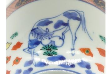 江戸期　大明萬暦年製　古伊万里　色絵　染付　稀少図柄　馬　3.8寸　約11.5cm　生き生きとした馬の絵付けが魅力の蓋付き茶碗2客セット(和食器、三寸八分)(R-062101)