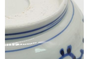 幕末期　伊万里焼　染付　線描き　花唐草文　5寸　約15.5cm　手描きの温かみが感じられる深皿3枚セット(中皿、変形皿、和食器、和皿、五寸)(R-062103)