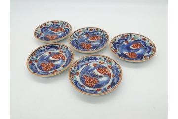 明治期　伊万里　色絵　染付　金彩　梅鳥文　3.7寸皿　約11cm　食卓を鮮やかに演出する小皿5枚セット(三寸七分、和食器、和皿)(R-062105)