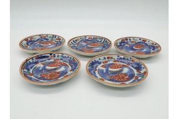 明治期　伊万里　色絵　染付　金彩　梅鳥文　3.7寸皿　約11cm　食卓を鮮やかに演出する小皿5枚セット(三寸七分、和食器、和皿)(R-062105)