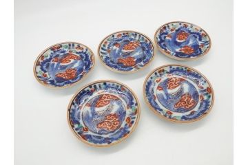 明治期　伊万里　色絵　染付　金彩　梅鳥文　3.7寸皿　約11cm　食卓を鮮やかに演出する小皿5枚セット(三寸七分、和食器、和皿)(R-062105)