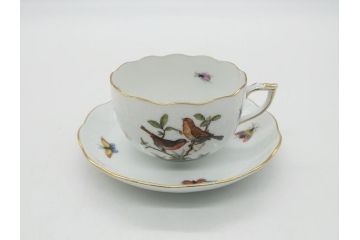 ヘレンド　ハンガリー　HEREND HVNGARY　HANDPAINTED　ロスチャイルド・バード　トリオ　美しい金彩の飾りで縁取られたエレガントな皿&カップ&ソーサー(HUNGARY、プレート、C&S)(R-062106)