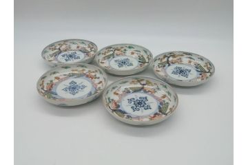 幕末期　伊万里　色絵　染付　金彩　4.5寸皿　約13.5cm　繊細で温かみのある絵付けが魅力の深皿5枚セット(四寸五分、中皿、和食器、和皿)(R-062108)
