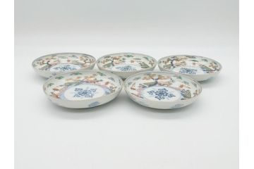 幕末期　伊万里　色絵　染付　金彩　4.5寸皿　約13.5cm　繊細で温かみのある絵付けが魅力の深皿5枚セット(四寸五分、中皿、和食器、和皿)(R-062108)