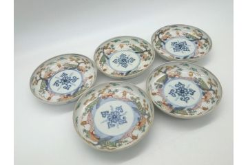 幕末期　伊万里　色絵　染付　金彩　4.5寸皿　約13.5cm　繊細で温かみのある絵付けが魅力の深皿5枚セット(四寸五分、中皿、和食器、和皿)(R-062108)