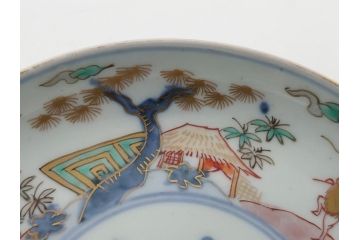 幕末期　伊万里　色絵　染付　金彩　4.5寸皿　約13.5cm　繊細で温かみのある絵付けが魅力の深皿5枚セット(四寸五分、中皿、和食器、和皿)(R-062108)