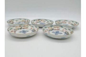 幕末期　伊万里　色絵　染付　金彩　4.5寸皿　約13.5cm　繊細で温かみのある絵付けが魅力の深皿5枚セット(四寸五分、中皿、和食器、和皿)(R-062109)