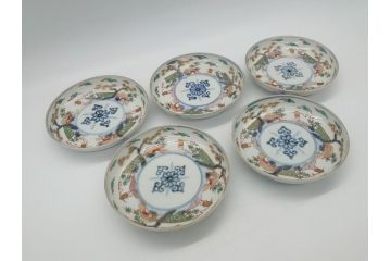 幕末期　伊万里　色絵　染付　金彩　4.5寸皿　約13.5cm　繊細で温かみのある絵付けが魅力の深皿5枚セット(四寸五分、中皿、和食器、和皿)(R-062109)