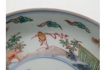 幕末期　伊万里　色絵　染付　金彩　4.5寸皿　約13.5cm　繊細で温かみのある絵付けが魅力の深皿5枚セット(四寸五分、中皿、和食器、和皿)(R-062109)