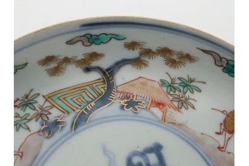 幕末期　伊万里　色絵　染付　金彩　4.5寸皿　約13.5cm　繊細で温かみのある絵付けが魅力の深皿5枚セット(四寸五分、中皿、和食器、和皿)(R-062109)
