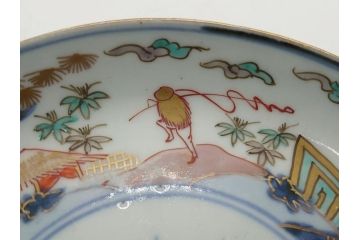 幕末期　伊万里　色絵　染付　金彩　4.5寸皿　約13.5cm　繊細で温かみのある絵付けが魅力の深皿3枚セット(四寸五分、中皿、和食器、和皿)(R-062110)