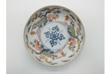 幕末期　伊万里　色絵　染付　金彩　4.5寸皿　約13.5cm　繊細で温かみのある絵付けが魅力の深皿3枚セット(四寸五分、中皿、和食器、和皿)(R-062111)