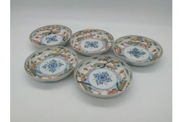 幕末期　伊万里　色絵　染付　金彩　4.5寸皿　約13.5cm　繊細で温かみのある絵付けが魅力の深皿5枚セット(四寸五分、中皿、和食器、和皿)(R-062112)