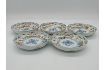 幕末期　伊万里　色絵　染付　金彩　4.5寸皿　約13.5cm　繊細で温かみのある絵付けが魅力の深皿5枚セット(四寸五分、中皿、和食器、和皿)(R-062112)