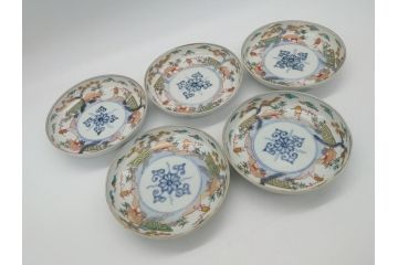 幕末期　伊万里　色絵　染付　金彩　4.5寸皿　約13.5cm　繊細で温かみのある絵付けが魅力の深皿5枚セット(四寸五分、中皿、和食器、和皿)(R-062112)