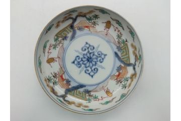 幕末期　伊万里　色絵　染付　金彩　4.5寸皿　約13.5cm　繊細で温かみのある絵付けが魅力の深皿5枚セット(四寸五分、中皿、和食器、和皿)(R-062112)