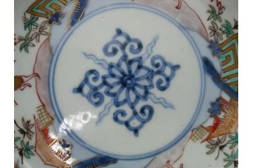 幕末期　伊万里　色絵　染付　金彩　4.5寸皿　約13.5cm　繊細で温かみのある絵付けが魅力の深皿5枚セット(四寸五分、中皿、和食器、和皿)(R-062112)